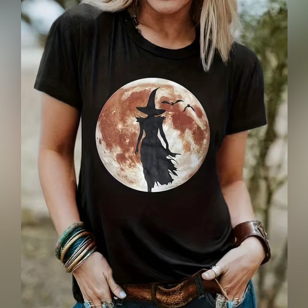 Halloween Moon & Witch Silhouette Black T-Shirt